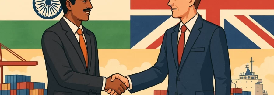 Business professionals from India and the UK shaking hands with cargo ships and national flags in the background, symbolizing a new trade partnership.