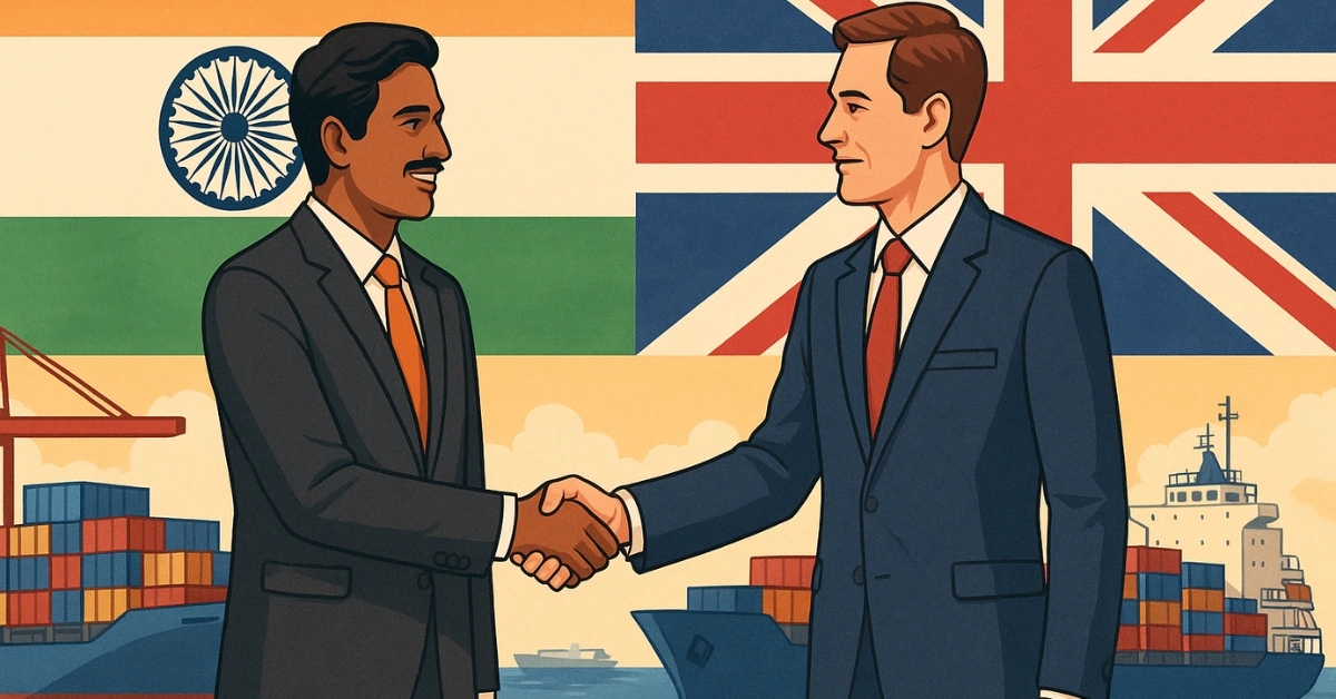 Business professionals from India and the UK shaking hands with cargo ships and national flags in the background, symbolizing a new trade partnership.