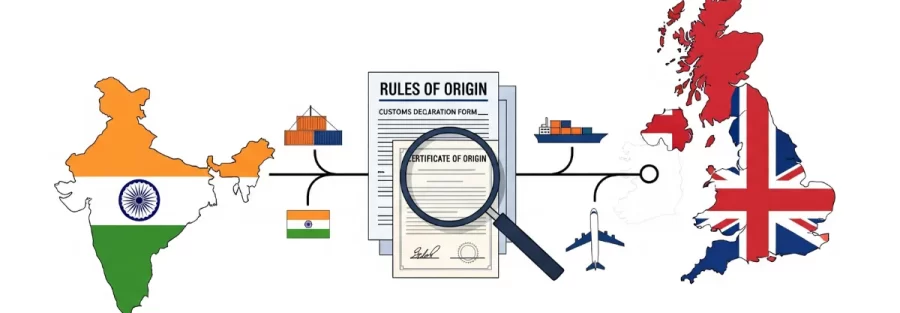 A professional illustration of a magnifying glass hovering over a "Rules of Origin" document, symbolizing the scrutiny of trade between India and the United Kingdom under the new CETA.