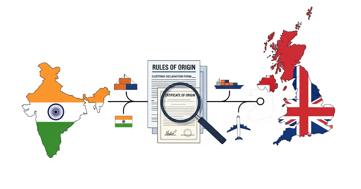 A professional illustration of a magnifying glass hovering over a "Rules of Origin" document, symbolizing the scrutiny of trade between India and the United Kingdom under the new CETA.