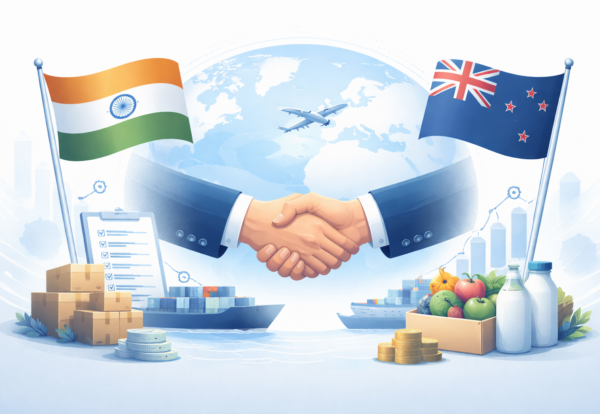 Graphic depicting India and New Zealand trade collaboration with flags, handshake, and global shipping elements.