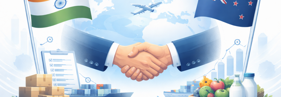 Graphic depicting India and New Zealand trade collaboration with flags, handshake, and global shipping elements.