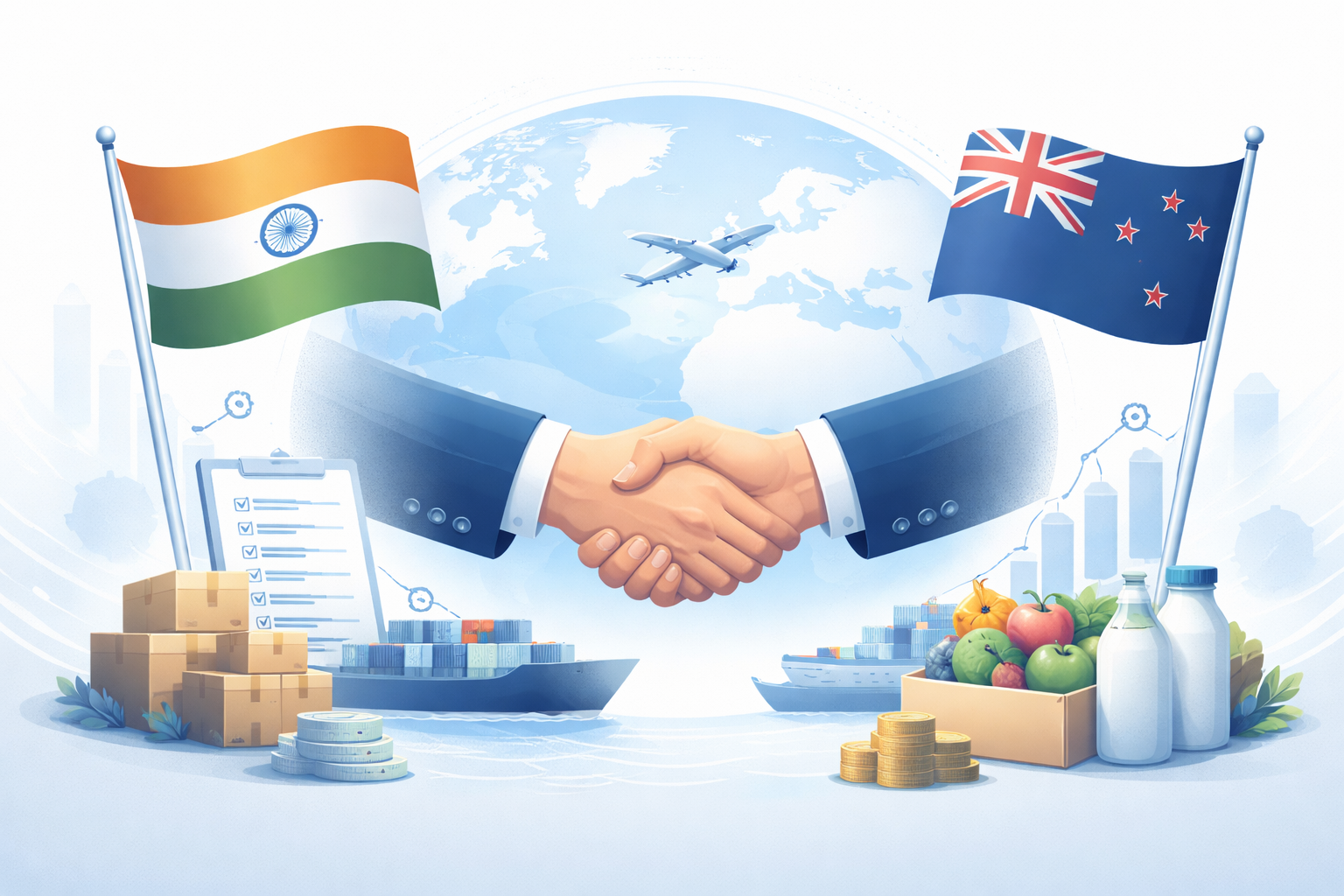 Graphic depicting India and New Zealand trade collaboration with flags, handshake, and global shipping elements.