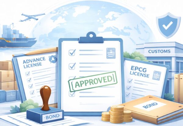 Illustration showing bond closure process for Advance Authorisation and EPCG licences with approved documents, customs building, export containers, and trade compliance elements.