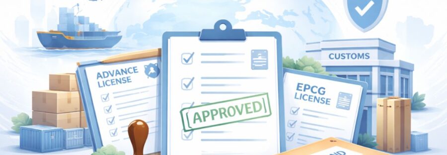 Illustration showing bond closure process for Advance Authorisation and EPCG licences with approved documents, customs building, export containers, and trade compliance elements.