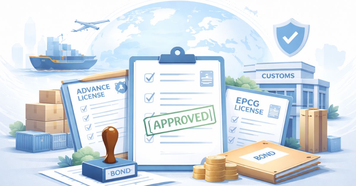 Illustration showing bond closure process for Advance Authorisation and EPCG licences with approved documents, customs building, export containers, and trade compliance elements.