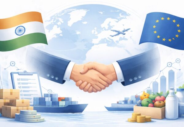 Professional visual showing India–EU trade partnership with international shipping and business collaboration.