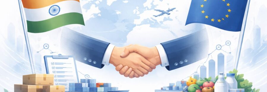 Professional visual showing India–EU trade partnership with international shipping and business collaboration.