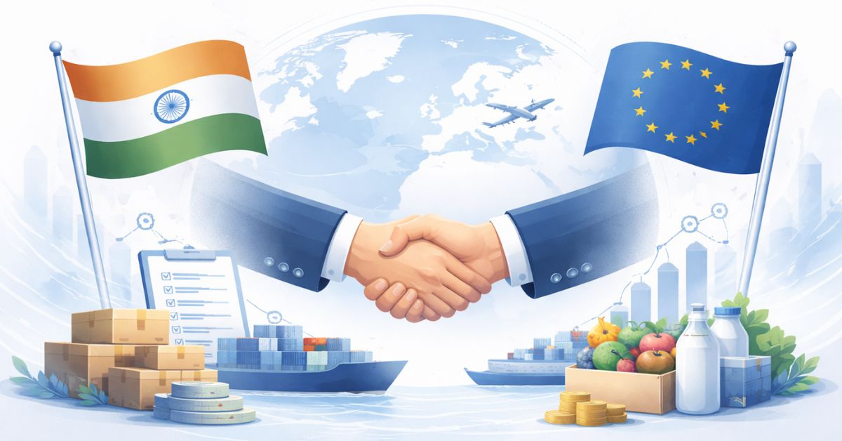 Professional visual showing India–EU trade partnership with international shipping and business collaboration.