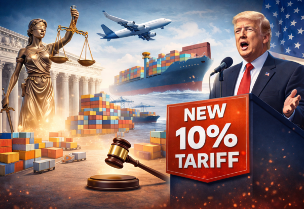 Professional banner showing global trade scene with cargo ship, containers, airplane, and legal justice symbol representing US tariff policy changes and new 10% import tariff impact on international trade.