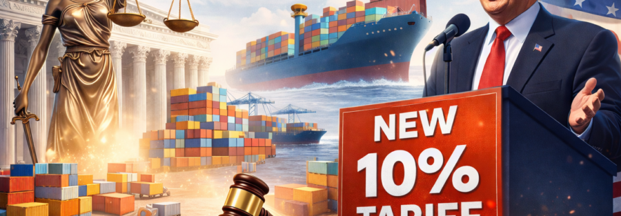 Professional banner showing global trade scene with cargo ship, containers, airplane, and legal justice symbol representing US tariff policy changes and new 10% import tariff impact on international trade.