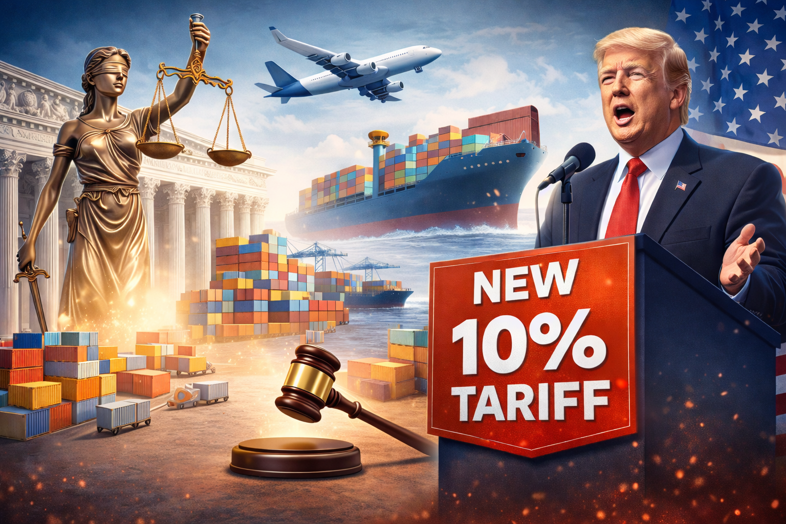Professional banner showing global trade scene with cargo ship, containers, airplane, and legal justice symbol representing US tariff policy changes and new 10% import tariff impact on international trade.