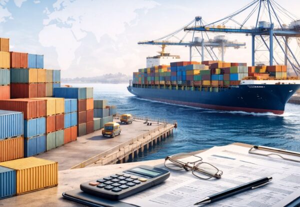 Professional global export logistics banner showing cargo ship at a modern seaport, stacked shipping containers, port cranes, and export documents in the foreground, representing international trade, export incentives, and policy impact on exporters.