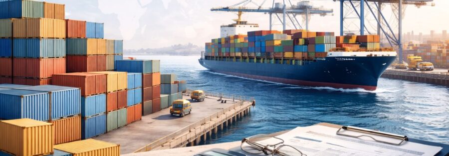 Professional global export logistics banner showing cargo ship at a modern seaport, stacked shipping containers, port cranes, and export documents in the foreground, representing international trade, export incentives, and policy impact on exporters.