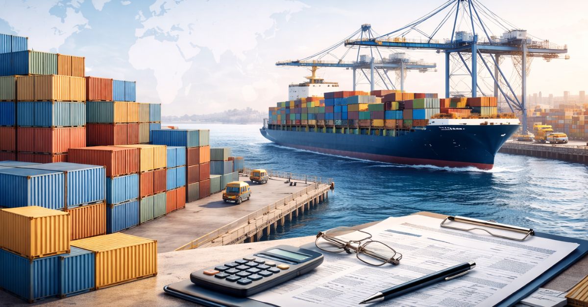 Professional global export logistics banner showing cargo ship at a modern seaport, stacked shipping containers, port cranes, and export documents in the foreground, representing international trade, export incentives, and policy impact on exporters.
