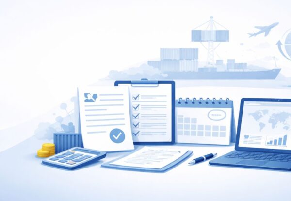 Premium corporate-style banner illustration of export compliance and international trade, showing a clean workspace with organized documents, checklist, calendar, calculator, and a laptop displaying analytics, with subtle background elements like cargo containers, a cargo ship, airplane, and global trade icons in a soft blue and grey minimal design.