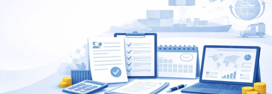 Premium corporate-style banner illustration of export compliance and international trade, showing a clean workspace with organized documents, checklist, calendar, calculator, and a laptop displaying analytics, with subtle background elements like cargo containers, a cargo ship, airplane, and global trade icons in a soft blue and grey minimal design.