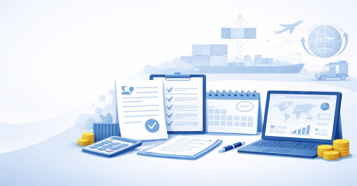 Premium corporate-style banner illustration of export compliance and international trade, showing a clean workspace with organized documents, checklist, calendar, calculator, and a laptop displaying analytics, with subtle background elements like cargo containers, a cargo ship, airplane, and global trade icons in a soft blue and grey minimal design.