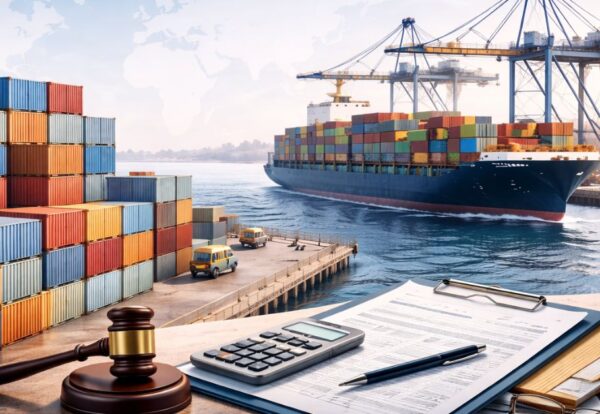 High-resolution image of a busy international shipping port with stacked cargo containers, cranes loading a large cargo vessel, and documents with a calculator and gavel in the foreground representing tariff duty refunds, trade regulations, and court decisions affecting global import-export businesses.