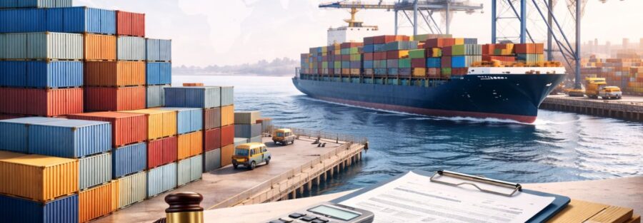 High-resolution image of a busy international shipping port with stacked cargo containers, cranes loading a large cargo vessel, and documents with a calculator and gavel in the foreground representing tariff duty refunds, trade regulations, and court decisions affecting global import-export businesses.