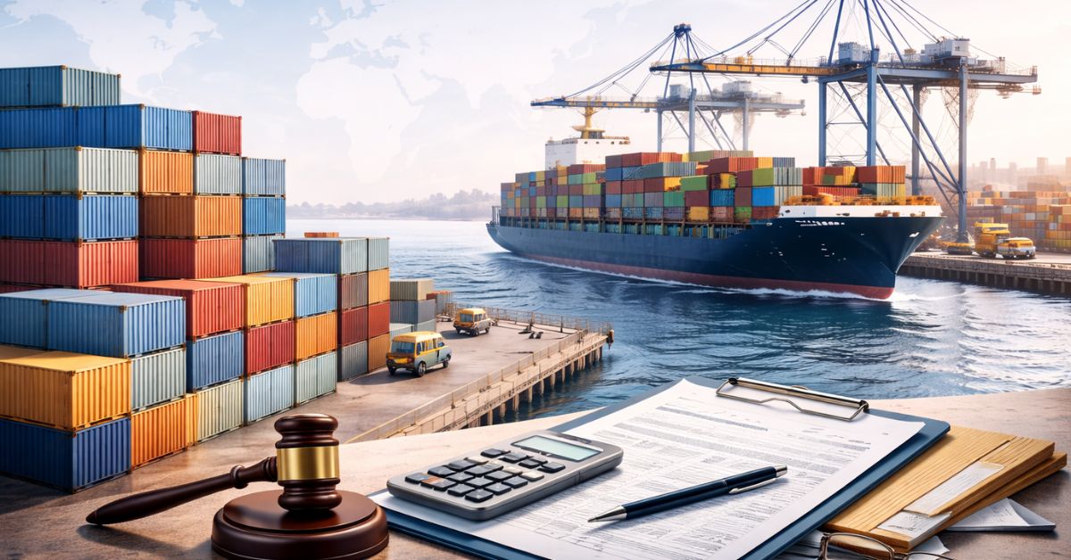 High-resolution image of a busy international shipping port with stacked cargo containers, cranes loading a large cargo vessel, and documents with a calculator and gavel in the foreground representing tariff duty refunds, trade regulations, and court decisions affecting global import-export businesses.