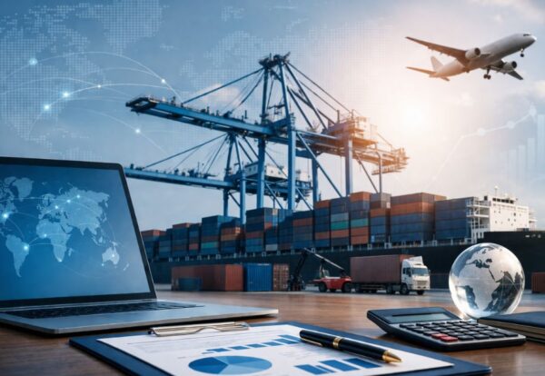 Professional wide banner showing global trade and export logistics, featuring a cargo ship at port with containers, cranes, and an airplane in the background, along with a workspace including a laptop, documents, charts, a globe, and shipping containers, symbolizing international trade and export compliance in a modern corporate setting.