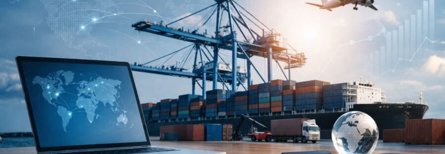 Professional wide banner showing global trade and export logistics, featuring a cargo ship at port with containers, cranes, and an airplane in the background, along with a workspace including a laptop, documents, charts, a globe, and shipping containers, symbolizing international trade and export compliance in a modern corporate setting.