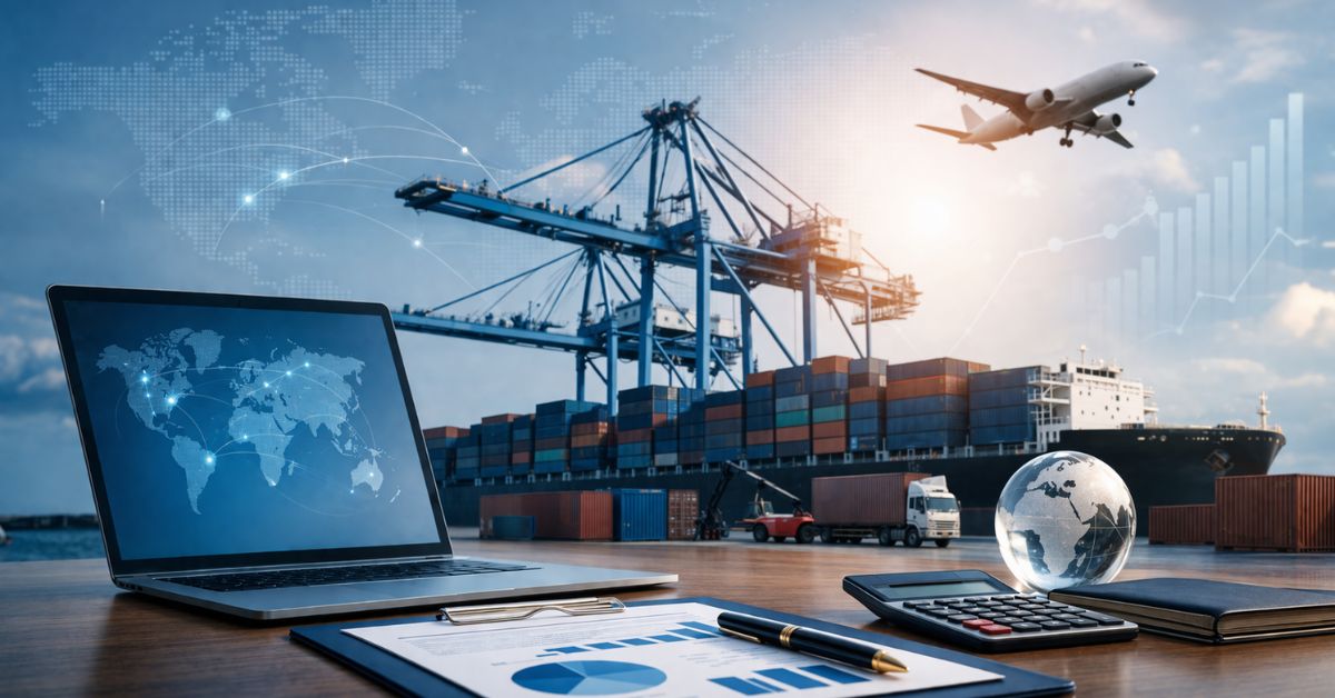 Professional wide banner showing global trade and export logistics, featuring a cargo ship at port with containers, cranes, and an airplane in the background, along with a workspace including a laptop, documents, charts, a globe, and shipping containers, symbolizing international trade and export compliance in a modern corporate setting.