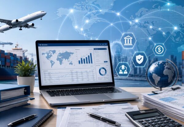 Modern export compliance workspace showing EDPMS automation, digital reconciliation, export documents, shipping data, banking records, and global trade connectivity for efficient export transaction monitoring.