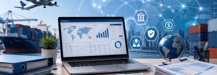 Modern export compliance workspace showing EDPMS automation, digital reconciliation, export documents, shipping data, banking records, and global trade connectivity for efficient export transaction monitoring.