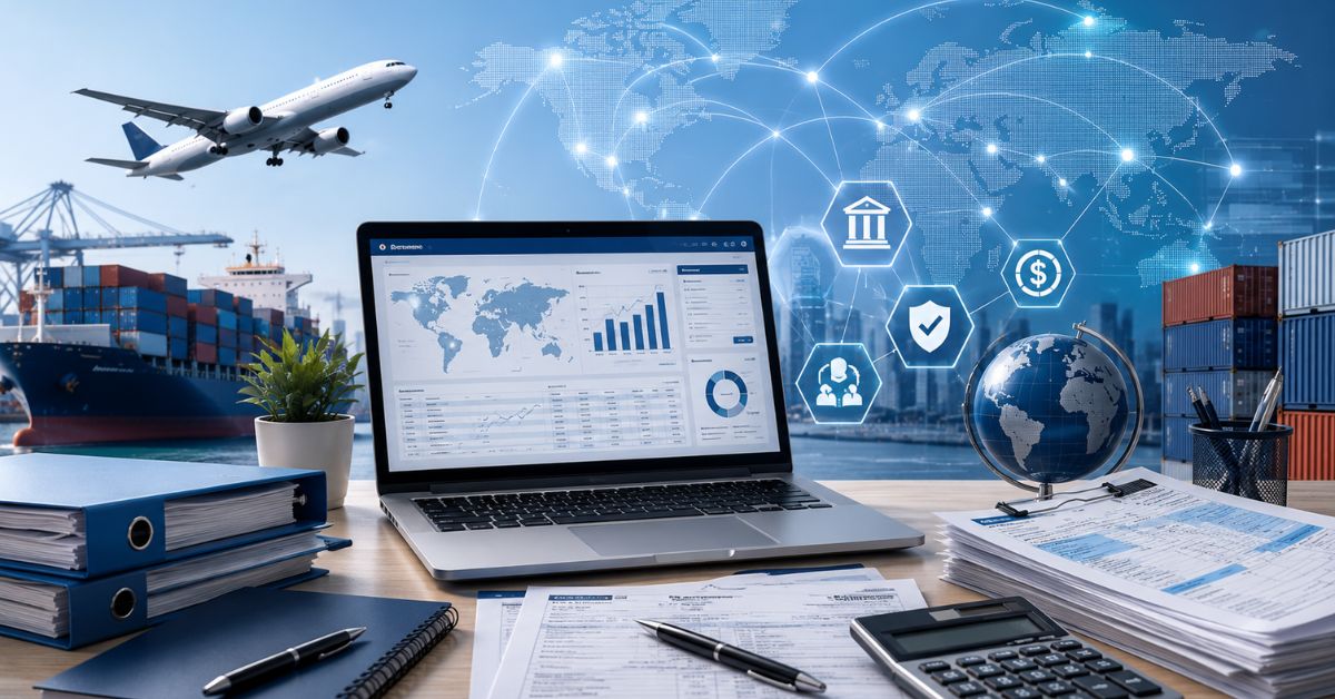 Modern export compliance workspace showing EDPMS automation, digital reconciliation, export documents, shipping data, banking records, and global trade connectivity for efficient export transaction monitoring.