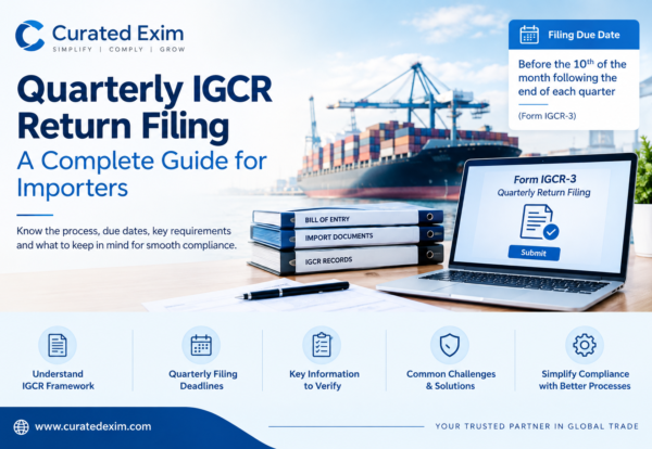 Curated Exim banner explaining quarterly IGCR return filing for importers, featuring filing deadlines, import documentation, compliance records, and a cargo ship at a port.