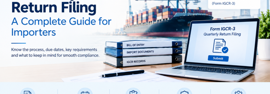 Curated Exim banner explaining quarterly IGCR return filing for importers, featuring filing deadlines, import documentation, compliance records, and a cargo ship at a port.