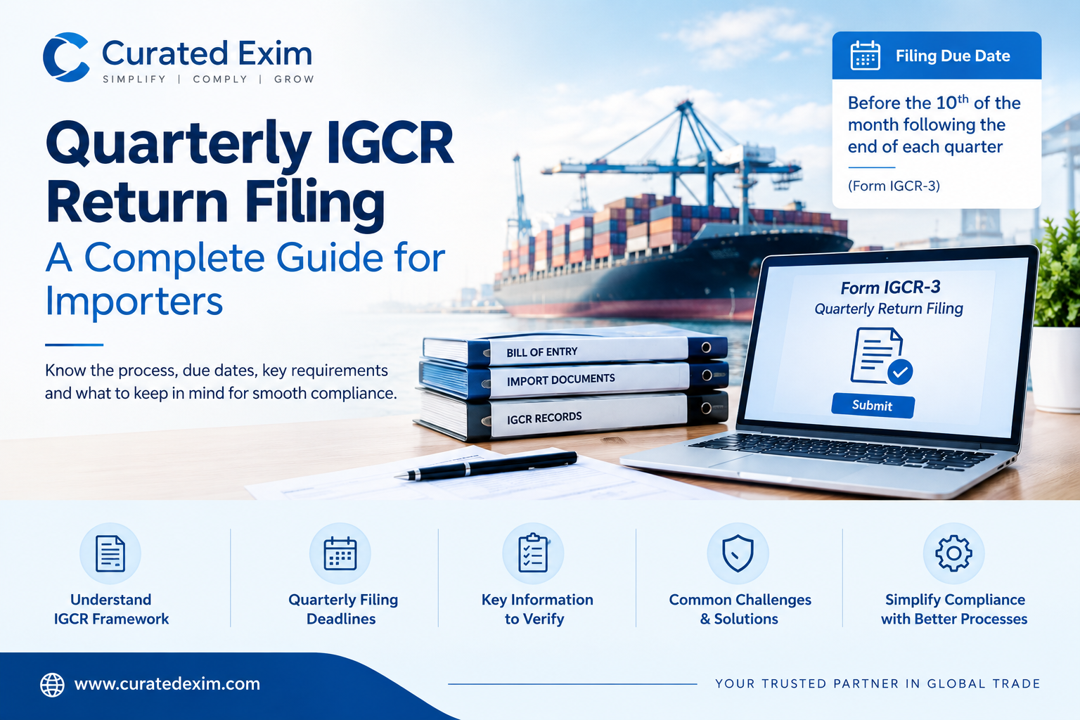Curated Exim banner explaining quarterly IGCR return filing for importers, featuring filing deadlines, import documentation, compliance records, and a cargo ship at a port.